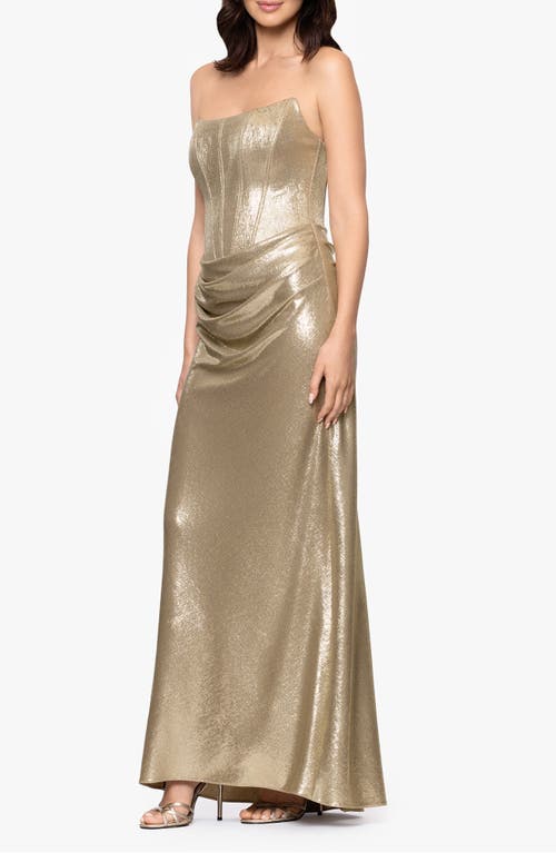 Betsy & Adam Metallic Strapless Gown In Brown