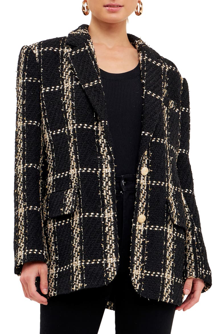 Premium Plaid Oversize Tweed Blazer, Main, color, BLACK