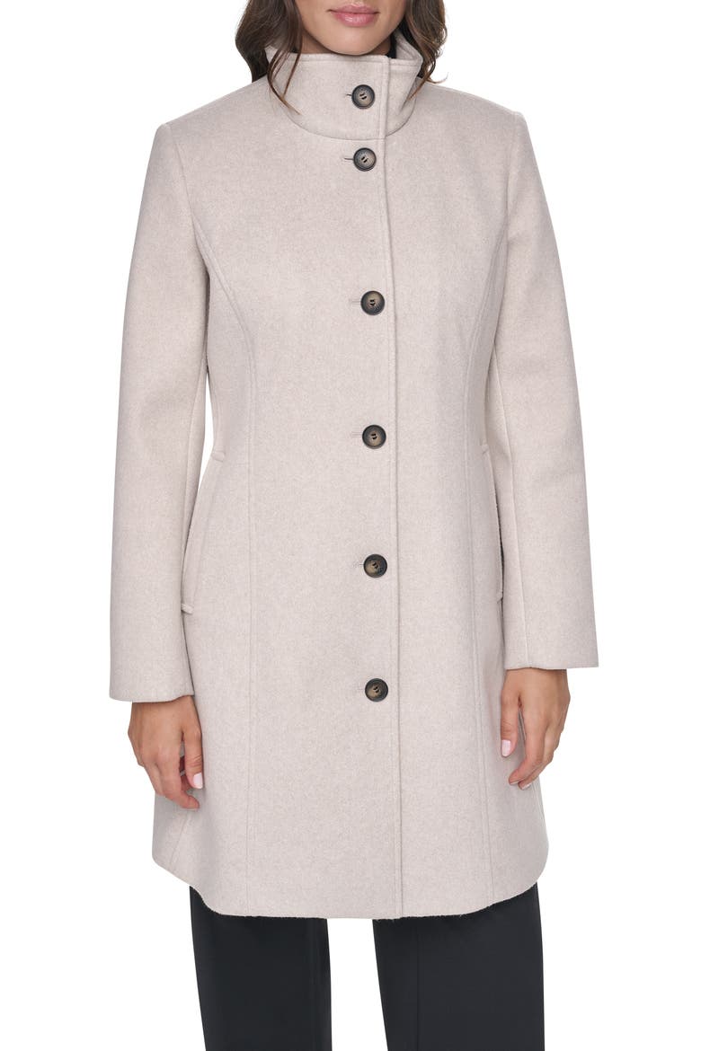 Stand Collar Faux Wool Coat, Main, color, BIRCH
