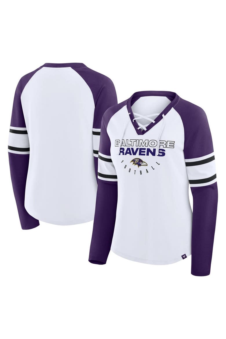 Women's Fanatics White/Purple Baltimore Ravens Redzone Blitz Package Raglan Lace-Up V-Neck Long Sleeve T-Shirt, Main, color, White