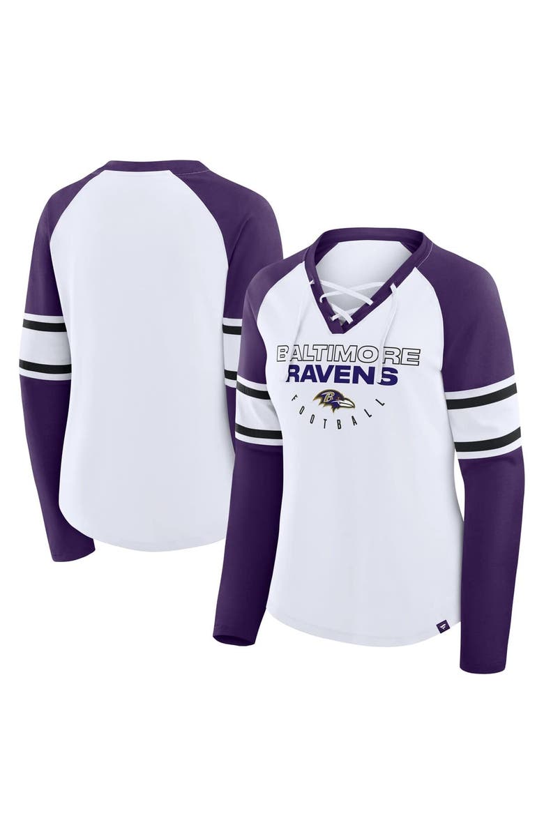 FANATICS Women's Fanatics White/Purple Baltimore Ravens Redzone Blitz Package Raglan Lace-Up V-Neck Long Sleeve T-Shirt, Main, color, White