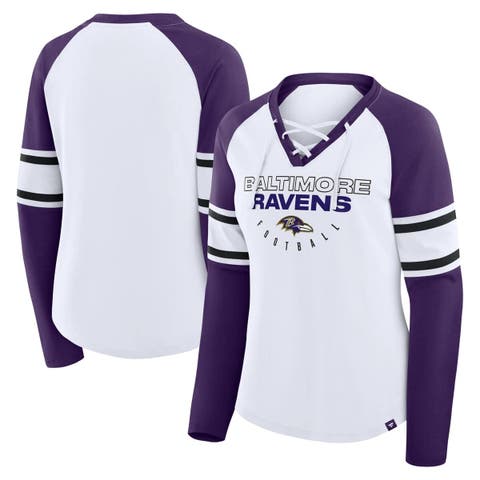 Women's Fanatics White/Purple Baltimore Ravens Redzone Blitz Package Raglan Lace-Up V-Neck Long Sleeve T-Shirt