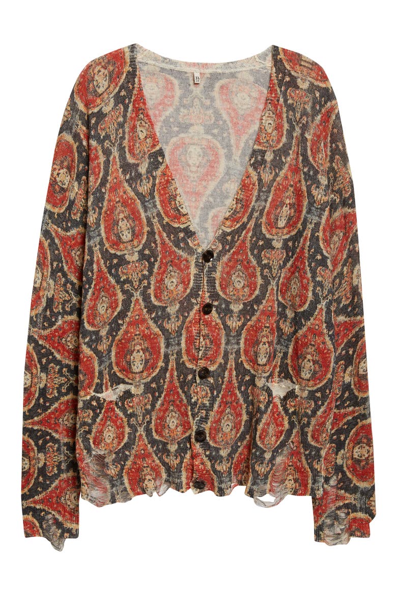 Print Linen Boyfriend Cardigan, Alternate, color, BLACK/ RED MULTICOLOR