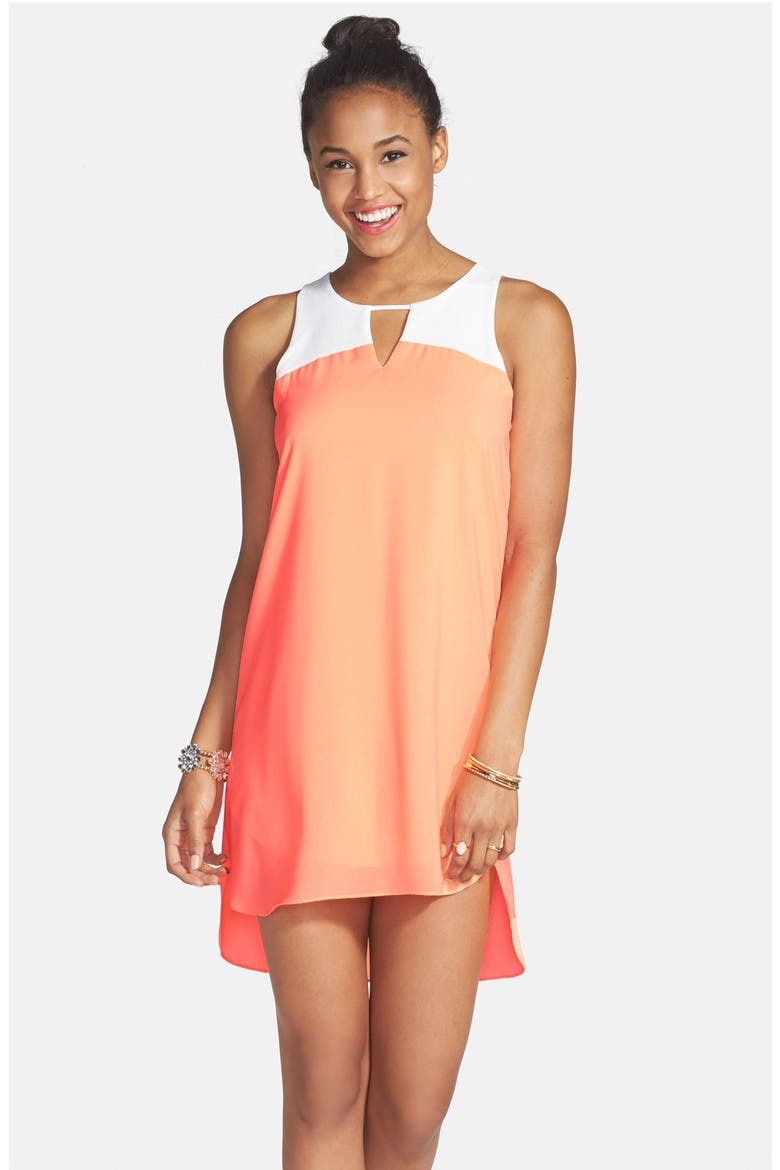 Colorblock High/Low Shift Dress, Alternate, color, CORAL/ IVORY