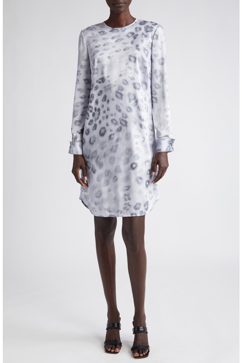 Blur Leopard Long Sleeve Satin Dress, Main, color, LIGHT GREY MULTI