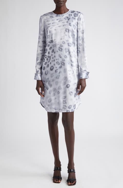 Blur Leopard Long Sleeve Satin Dress