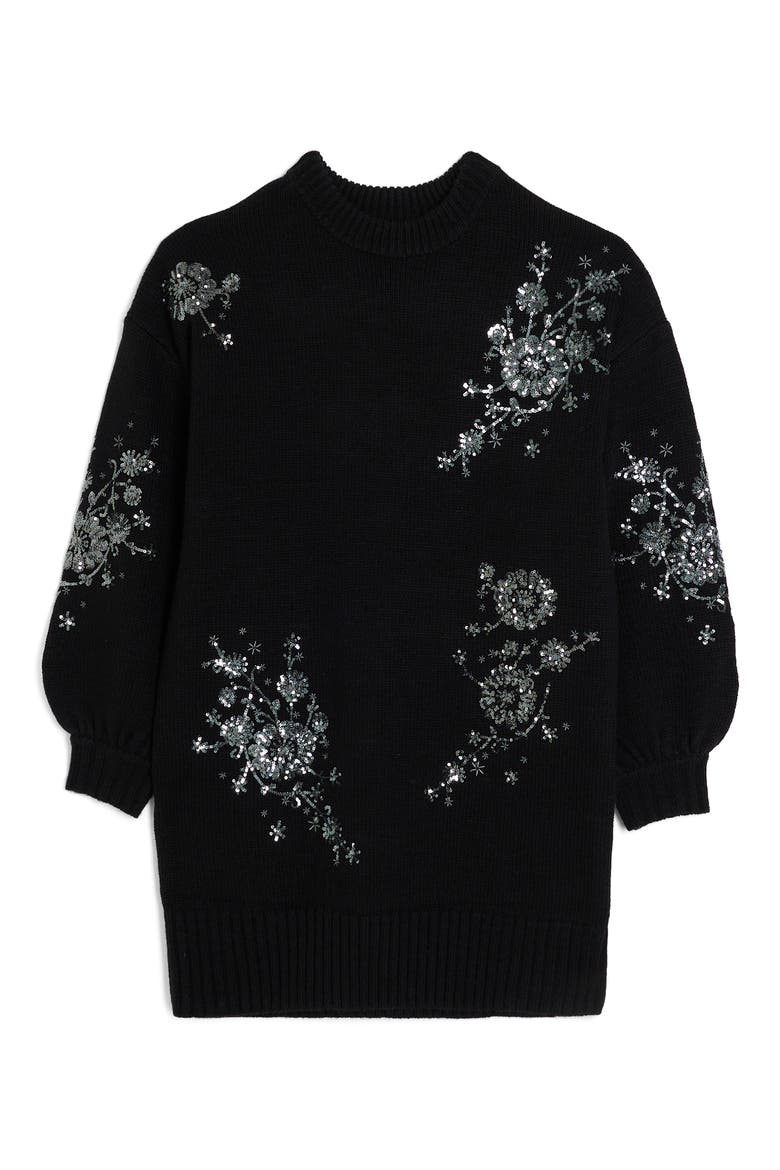 Jessie Crystal Floral Embellished Long Sleeve Sweater Dress, Alternate, color, BLACK