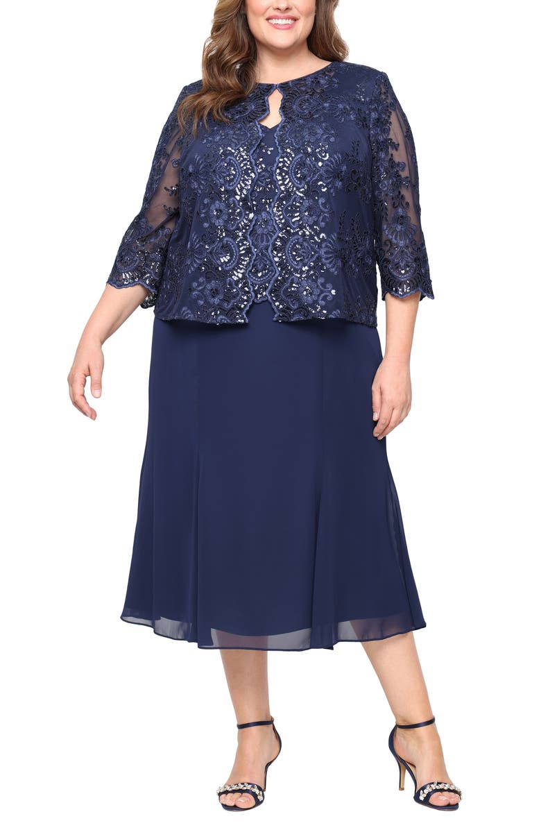 Alex Evenings Embroidered Lace & Sequin Mock Cocktail Dress, Main, color, Navy