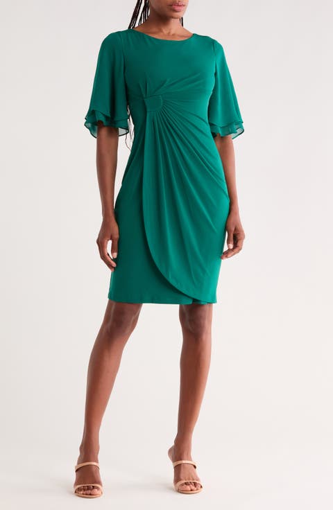 short sleeve cocktail dresses ever SIMONE|Short Sleeves Leaf Sequin A-Line Midi Formal Wedding Guest Dress Crepe Faux Wrap Sheath Dress