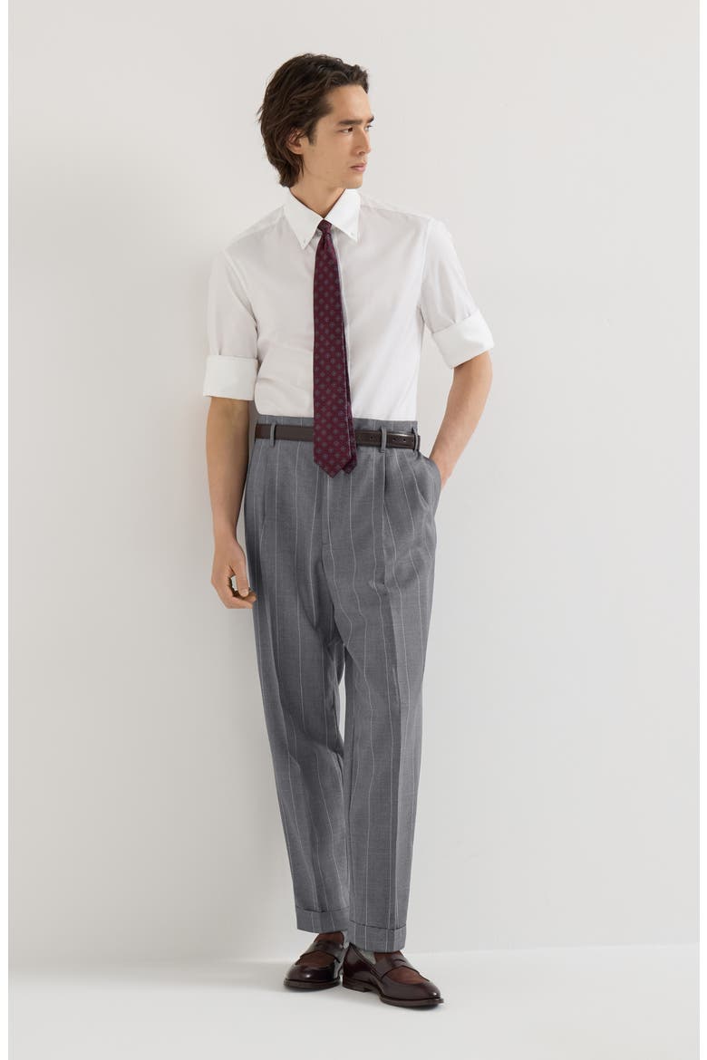 Virgin wool chalk stripe trousers with double pleats, Alternate, color, Medium Grey