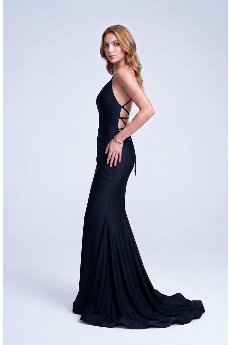 Ruched Plunge Neck Strappy Back Mermaid Evening Gown, Alternate, color, Black