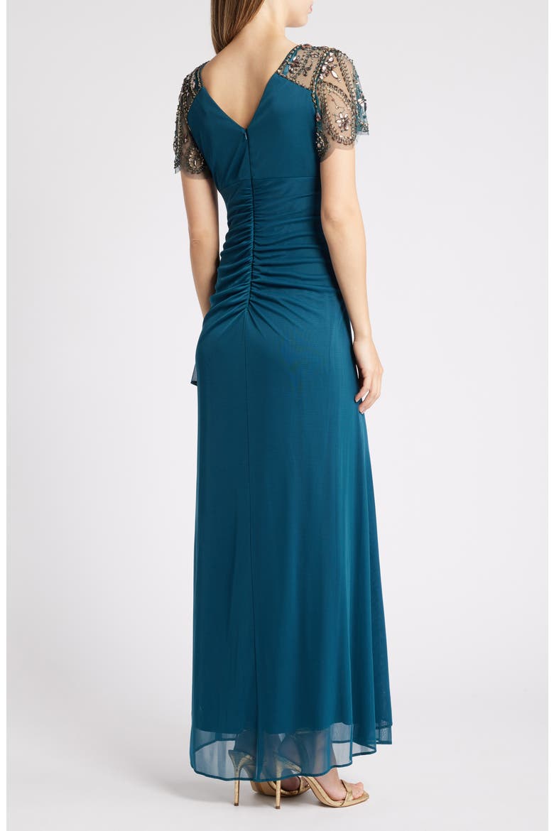 Xscape Beaded Sleeve Ruched Column Gown, Alternate, color, NEO EMERALD