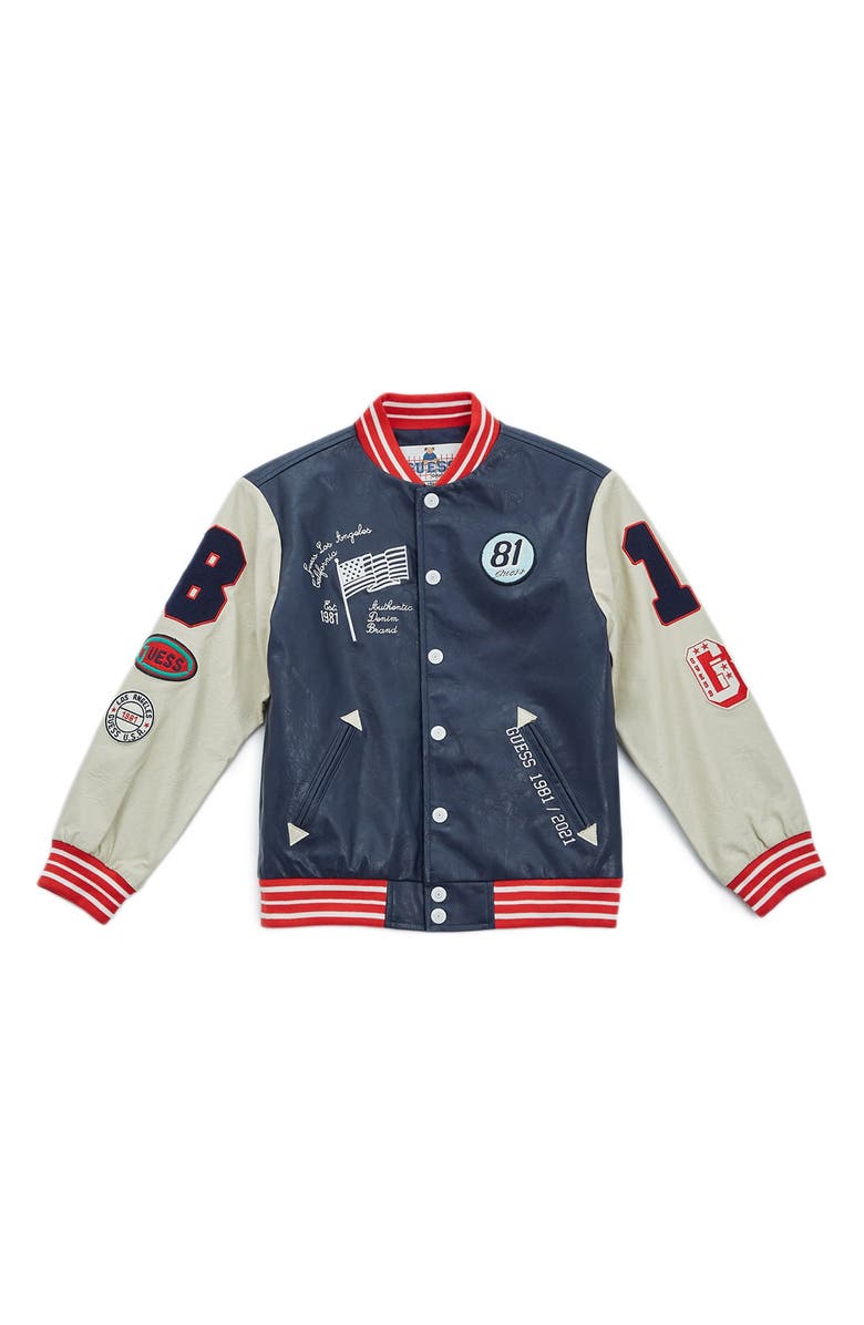 GUESS Kids' Faux Leather Bear Bomber Jacket, Main, color,