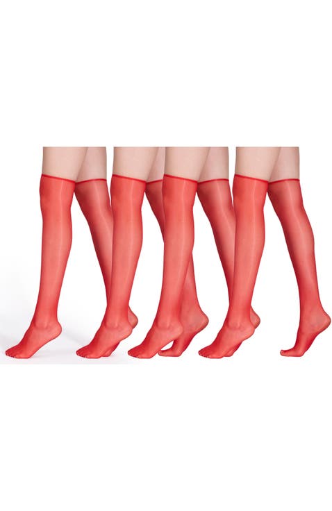 4 Pairs of Glossy Sheer Knee-Highs