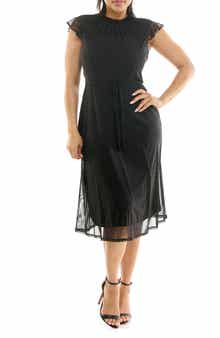 Nina Leonard Smocked Flutter Sleeve Mesh Dress