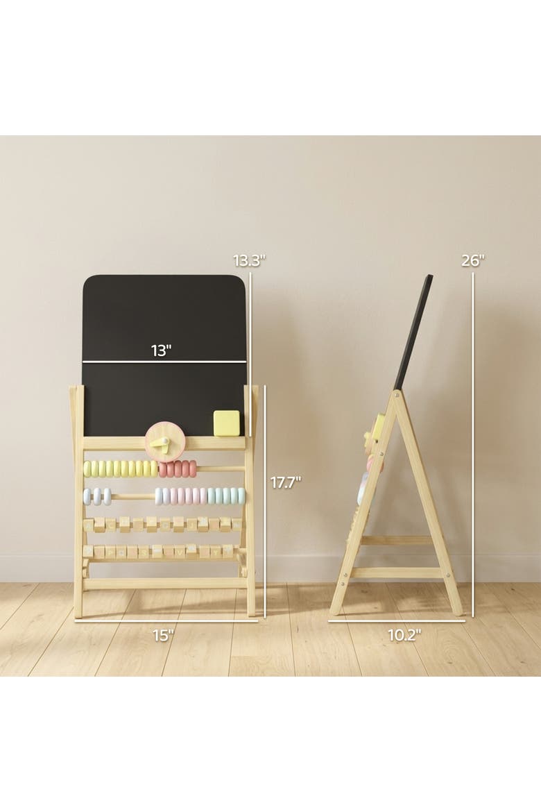 Kids Wooden Art Easel, Double-Sided Chalkboard, Clock & Abacus, Natural, Alternate, color, Natural wood finish