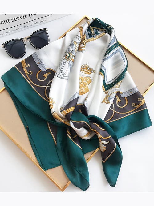 Silksilky 100% Mulberry Silk Printed Square Shawl Scarf 88*88cm In Darkgreen