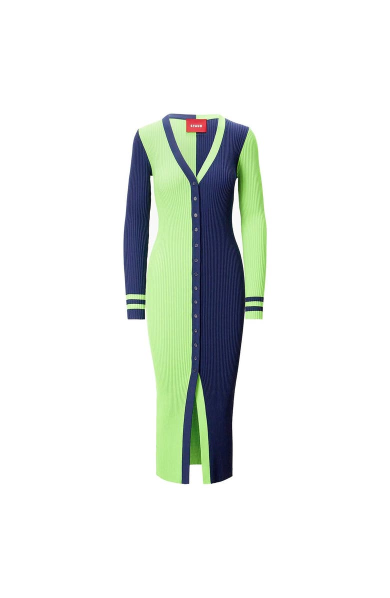 STAUD Women's Neon Green/Navy Seattle Seahawks Shoko Knit Button-Up Sweater Dress, Alternate, color,