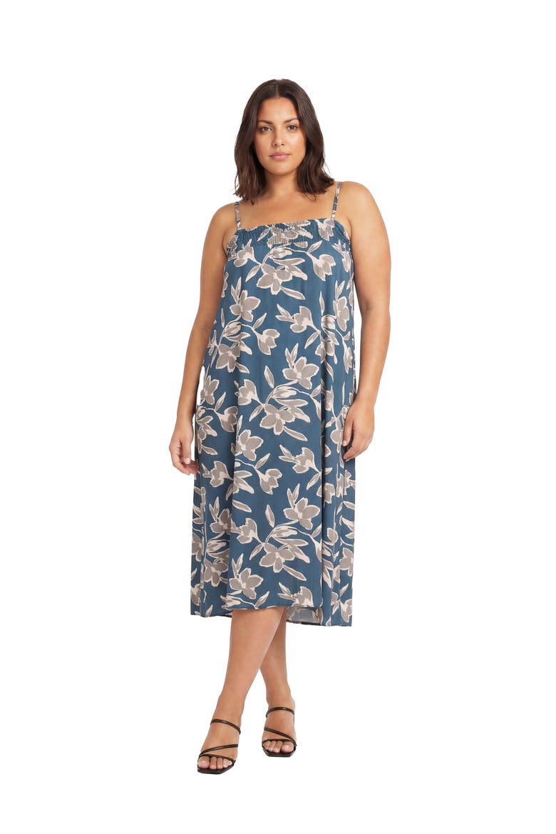 Curvy Essential Floral Print Spaghetti Strap Smocked Pocket A-Line Maxi Dress, Main, color, Blue Multi