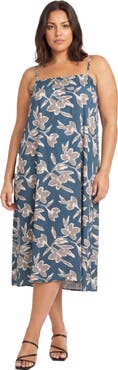 24seven Comfort Apparel Curvy Essential Floral Print Spaghetti Strap Smocked Pocket A-Line Maxi Dress