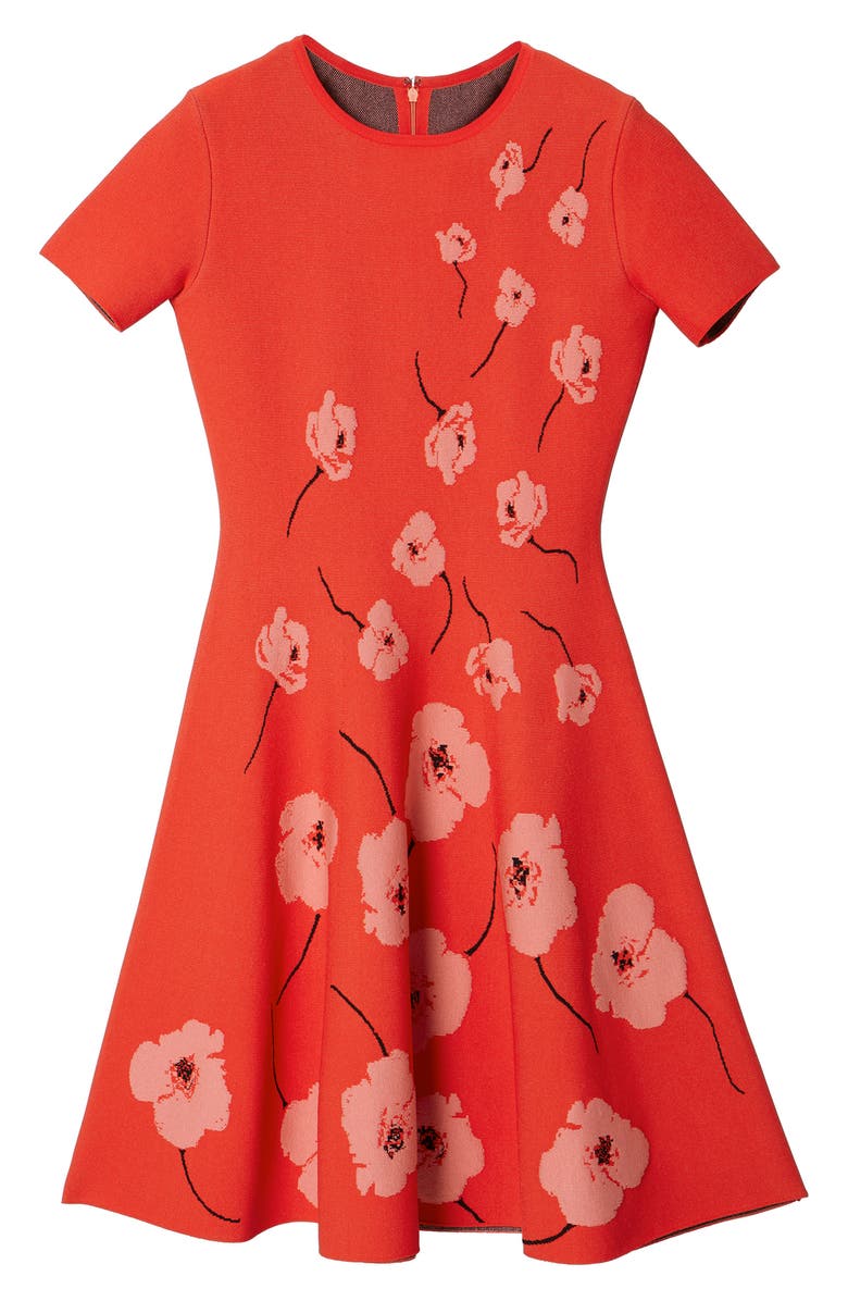 Carolina Herrera Short Sleeve Poppy Fit & Flare Knit Dress, Alternate, color, 