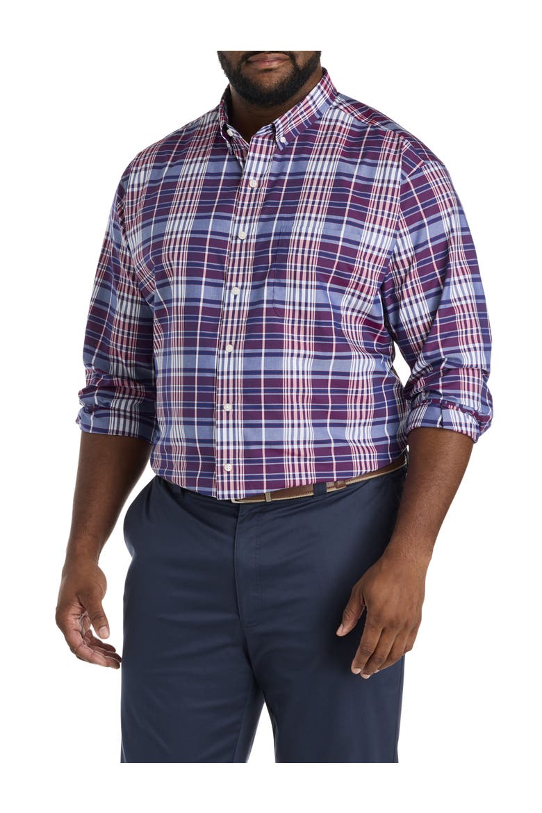 Big & Tall Large Plaid Performance Sport Shirt, Main, color, RED NAVY