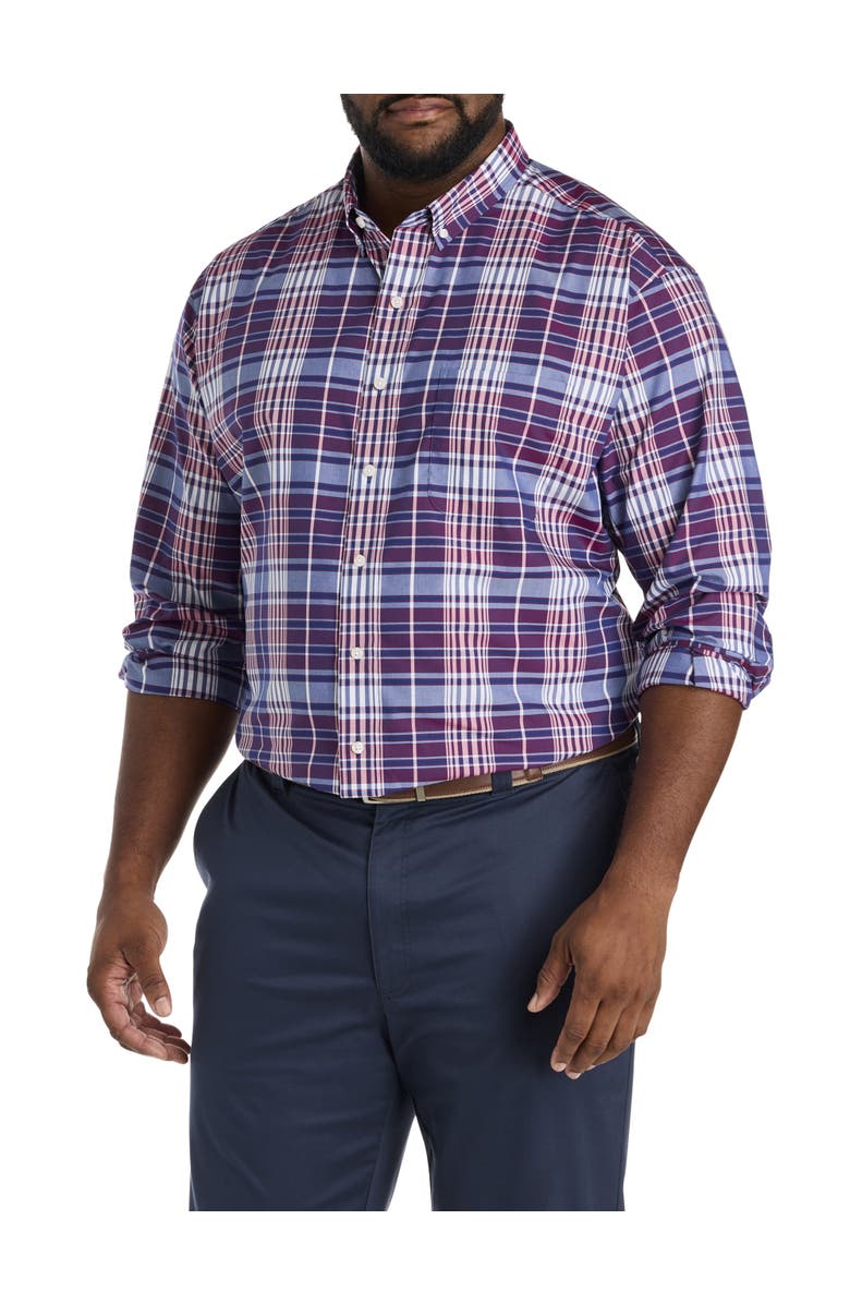 Oak Hill by DXL Big & Tall Large Plaid Performance Sport Shirt, Main, color, Red Navy
