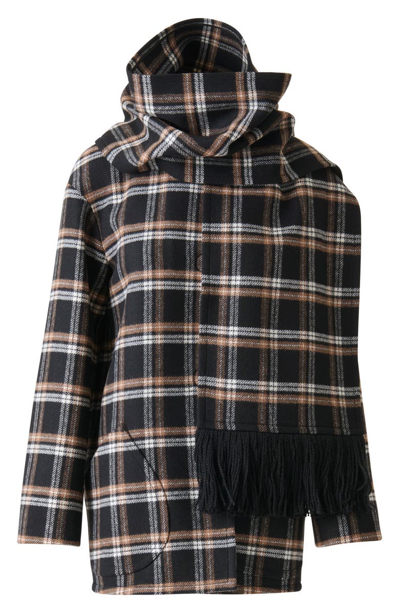 Akris punto Plaid Double Face Wool Blend Jacket with Removable Scarf, Alternate, color, Black-Camel-Cream