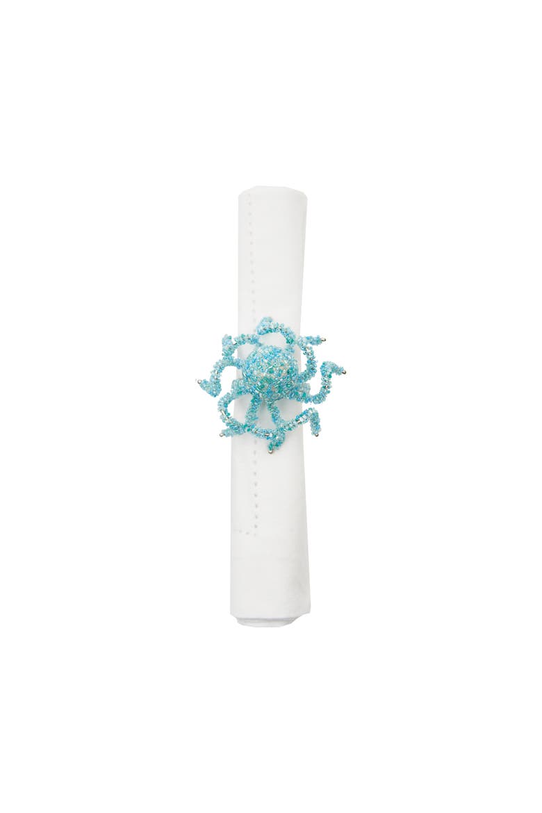 Beaded Aqua Octopus Glass Napkin Rings, Set of 6 for Summer Coastal Decor, Main, color, Blue