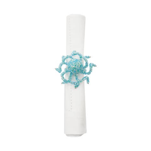 Beaded Aqua Octopus Glass Napkin Rings, Set of 6 for Summer Coastal Decor