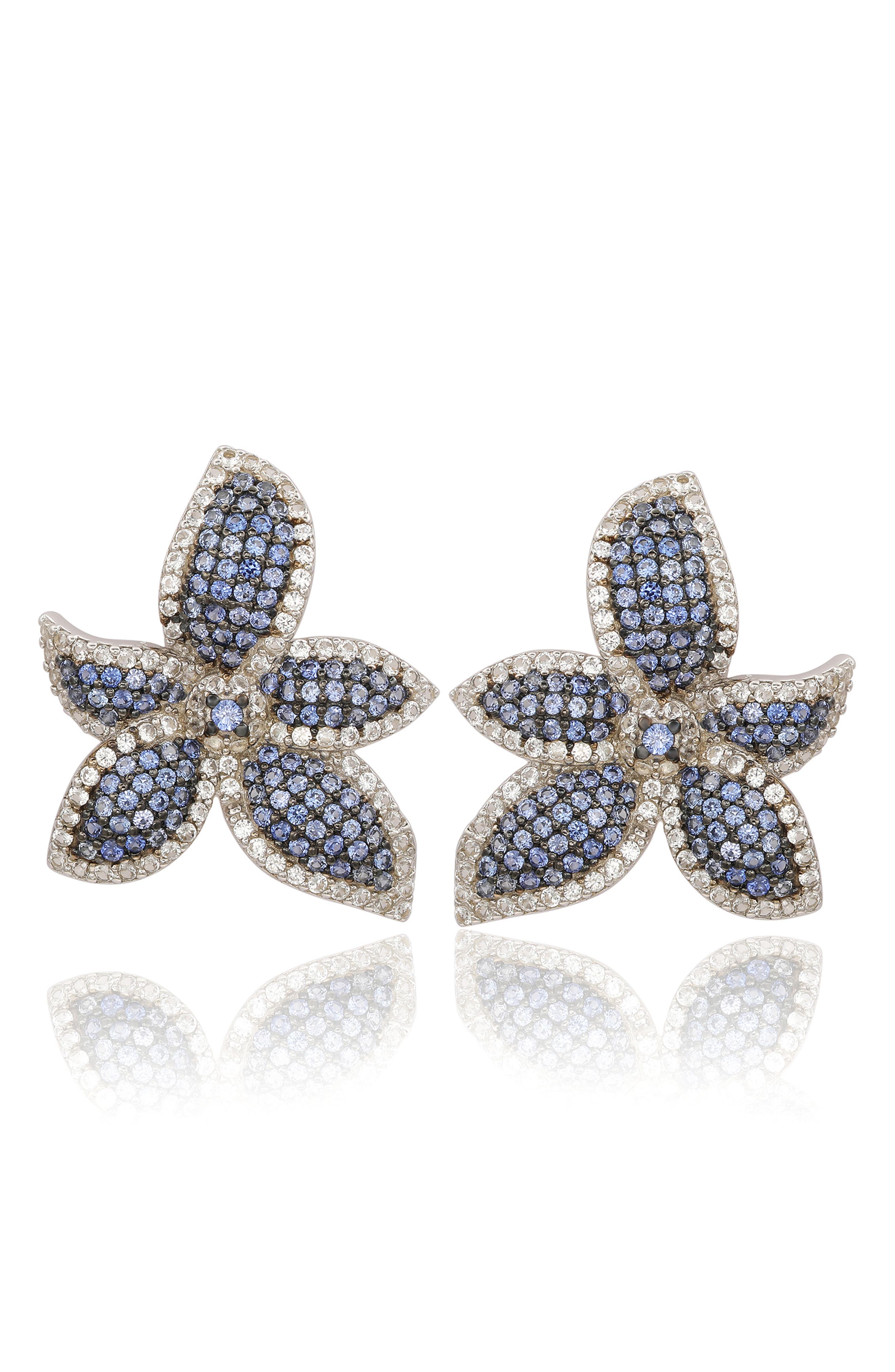 SUZY LEVIAN Floral Sterling Silver White Sapphire Blue Sapphire Brown Diamond Stud Earrings
