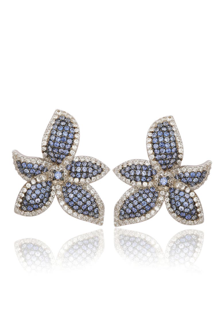 Floral Sterling Silver White Sapphire Blue Sapphire Brown Diamond Stud Earrings, Main, color, BLUE