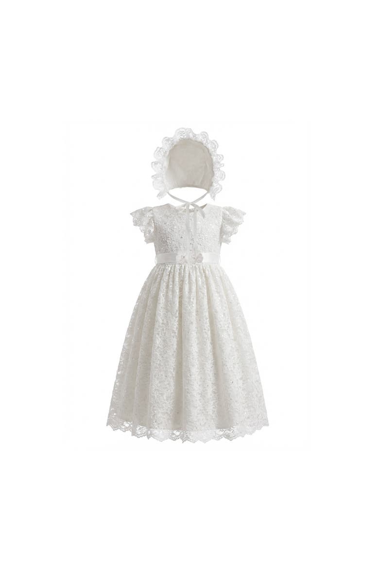 Velloria Lace Christening Dress with Bonnet, Alternate, color, White