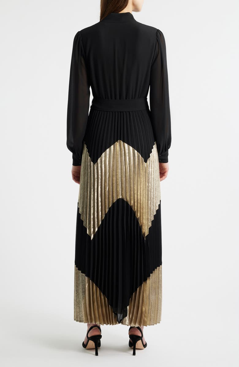 Elie Tahari The Carrie Pleated Chevron Long Sleeve Maxi Dress, Alternate, color, Noir/ Metallic Gold
