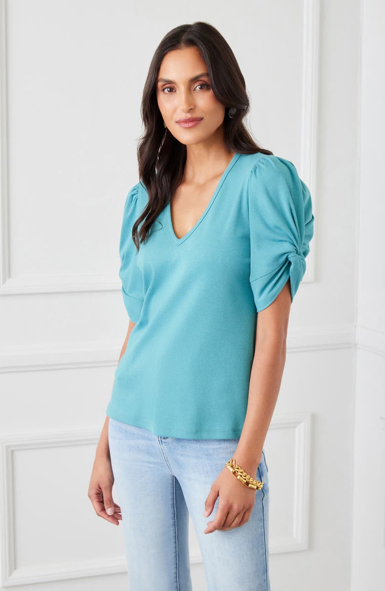 Karen Kane Twist Sleeve Rib Top, Alternate, color, Aqua