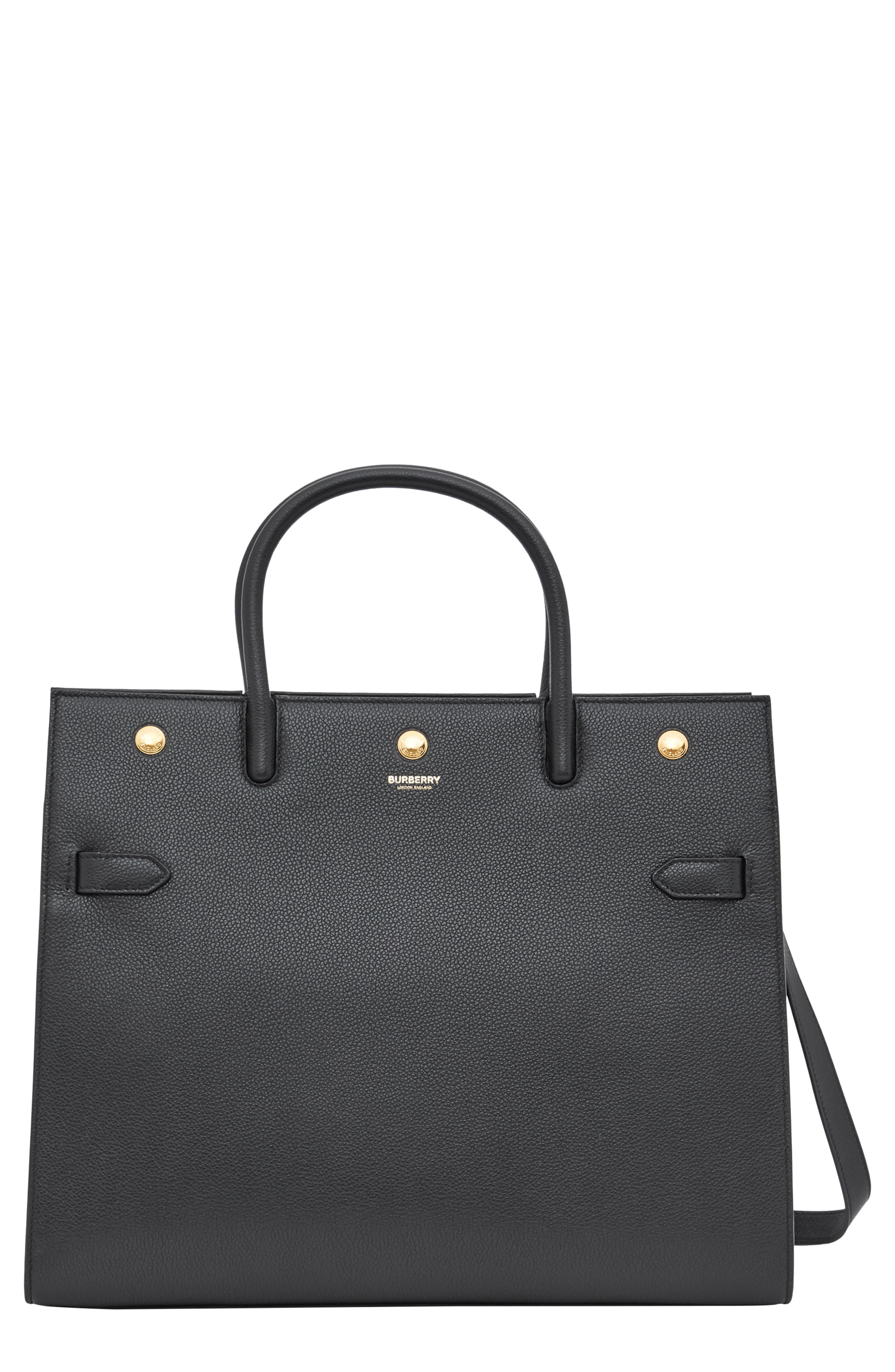 Medium Title Two-Handle Leather Bag, Main, color, BLACK