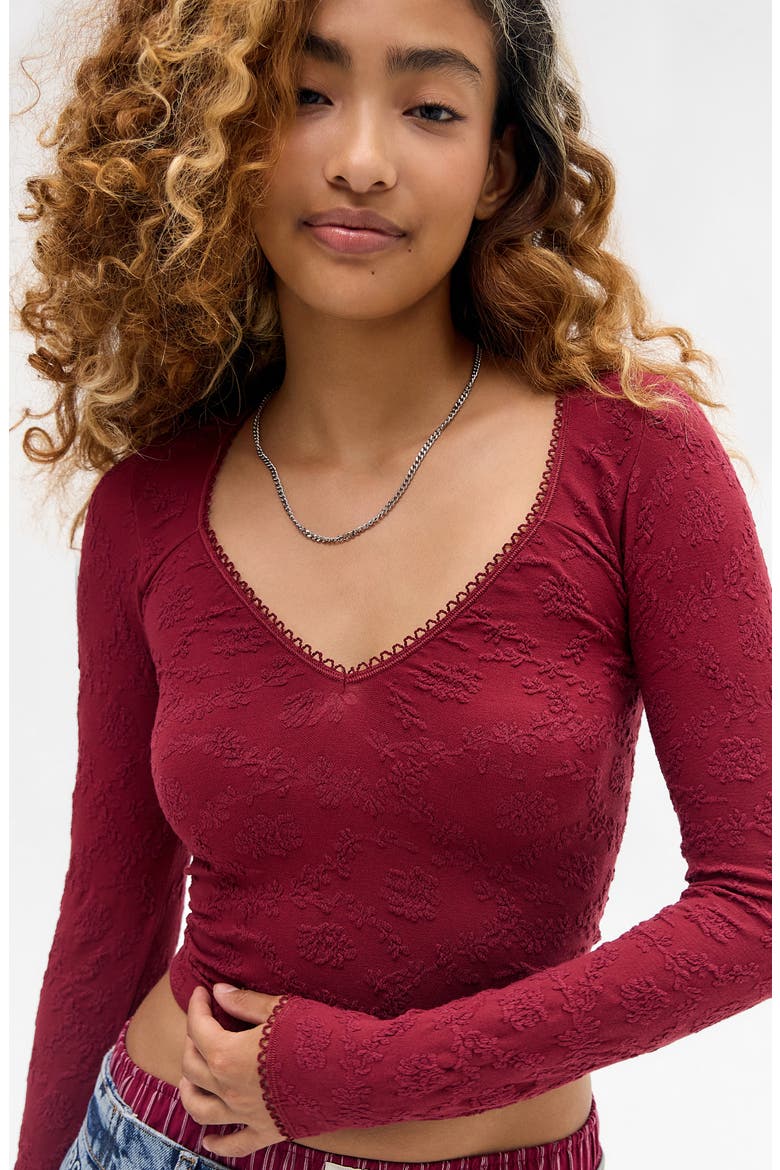 Textured V-Neck Long Sleeve Crop Top, Alternate, color, MAROON