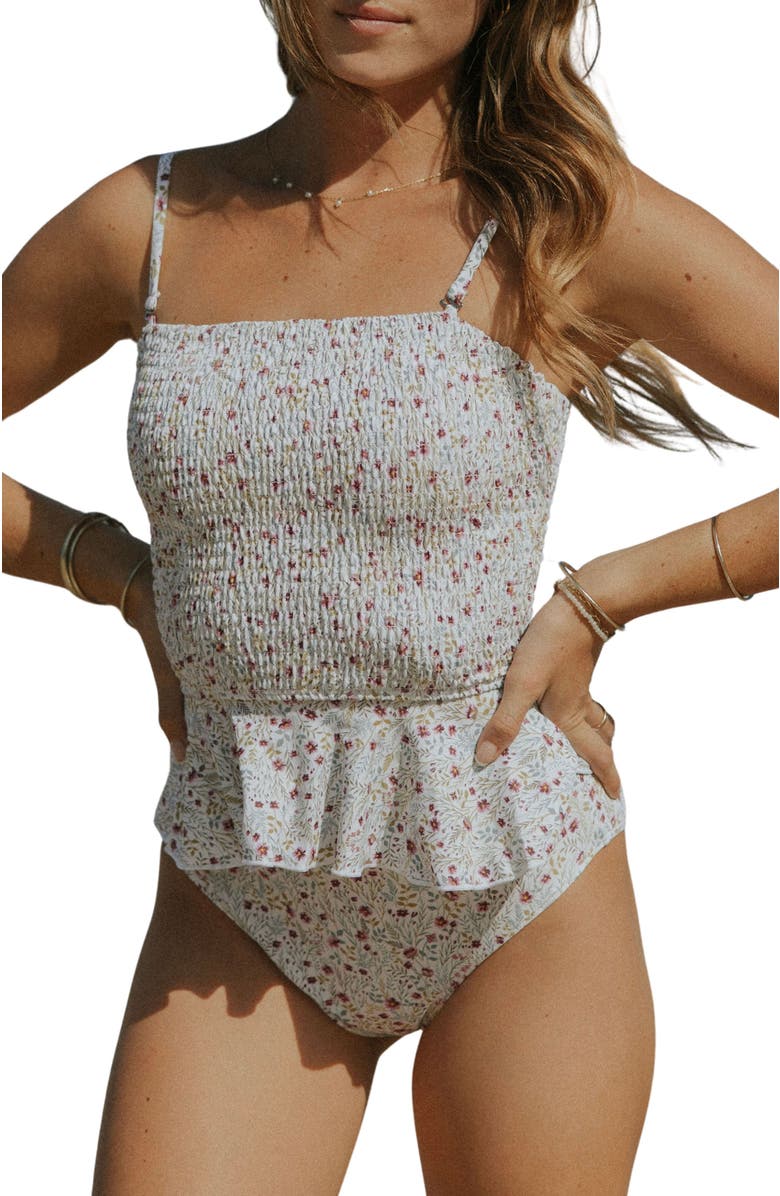 Geode Swimwear Amelia Peplum Tankini Top, Main, color, White Floral
