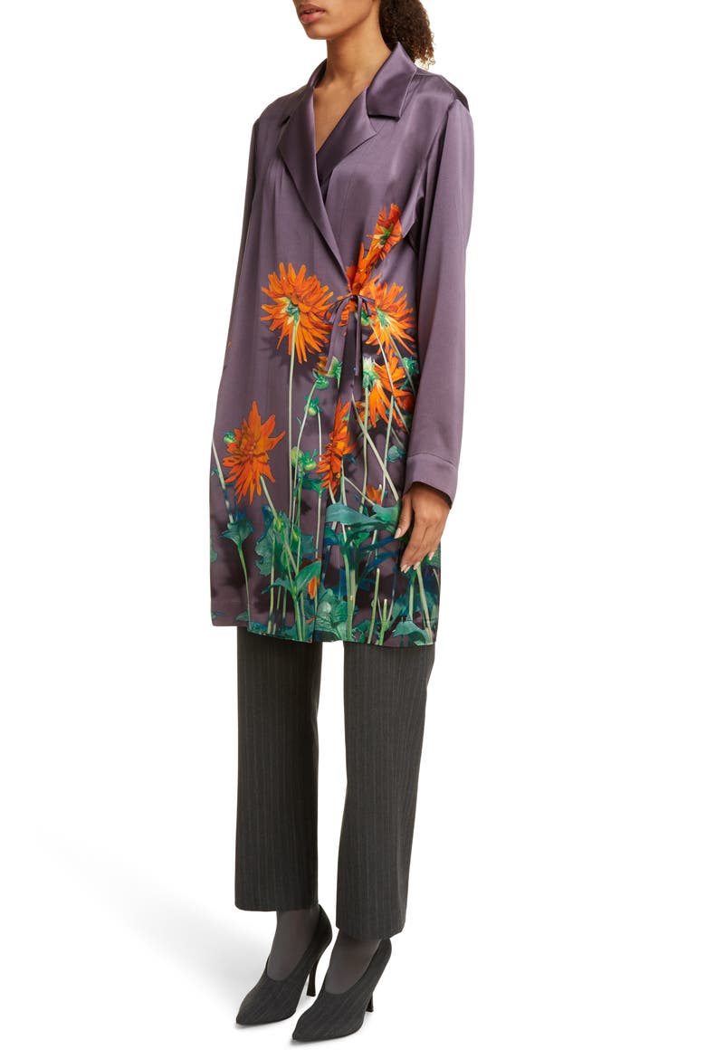 Calberta Dahlia Print Silk Robe Jacket, Alternate, color, PURPLE