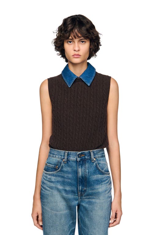 Sandro Womens Brown Denim-collar Ribbed Sleeveless Wool-blend Jumper In Brown