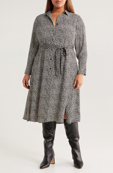 Spotted Around Long Sleeve Midi Shirtdress (Plus)