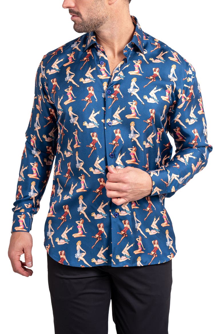 Fibonacci Ascension 0220 Pin-Up Print Contemporary Fit Button-Up Shirt, Alternate, color, BLUE