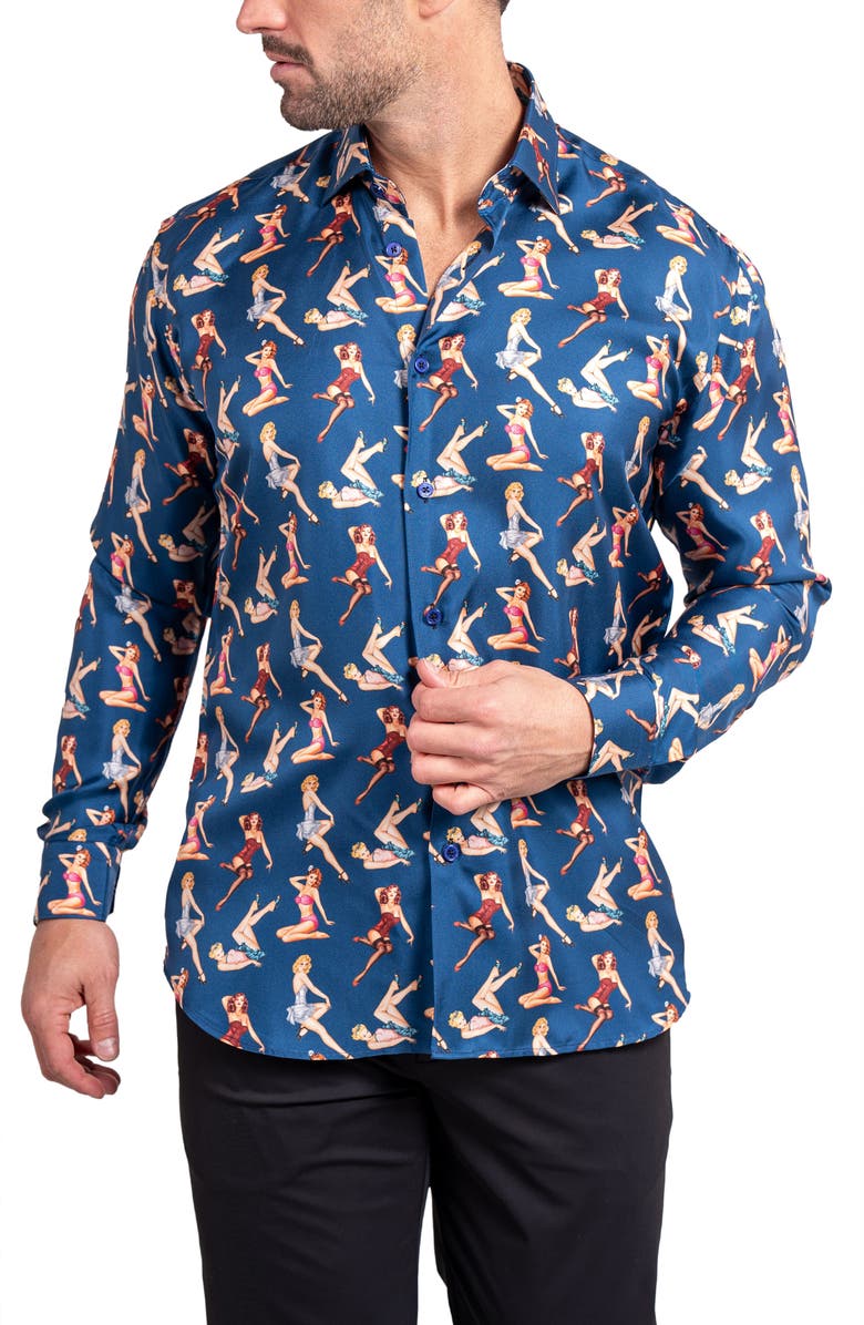 Maceoo Fibonacci Ascension 0220 Pin-Up Print Contemporary Fit Button-Up Shirt, Alternate, color, Blue