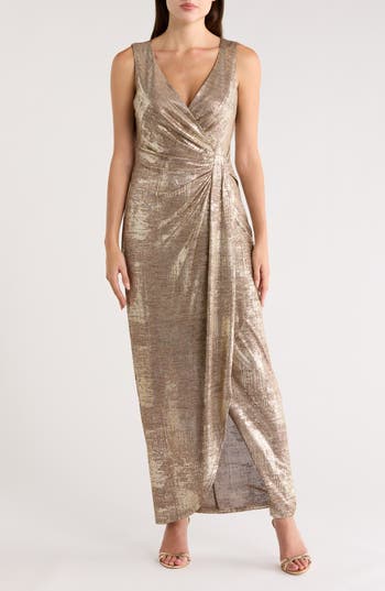 Connected Apparel Foiled Jersey Dress In Gold
