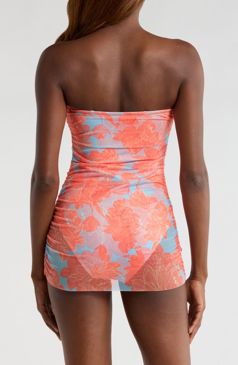 Hutch Shirred Strapless Sheer Mesh Overlay One-Piece Swimsuit, Alternate, color, Sky Blue Peonies