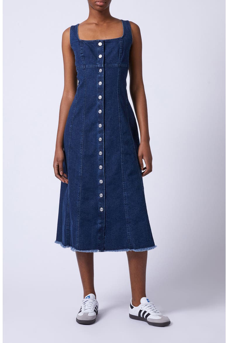 Arywode Sleeveless Fray Hem Denim Midi Dress, Main, color, 40-MID WASH