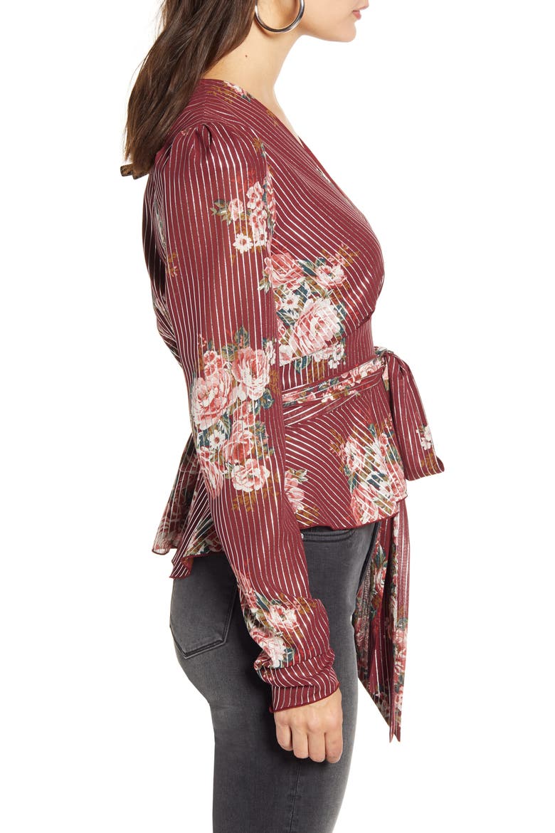 Montauk Floral Metallic Stripe Tie Waist Blouse, Alternate, color, BURGUNDY FLORAL
