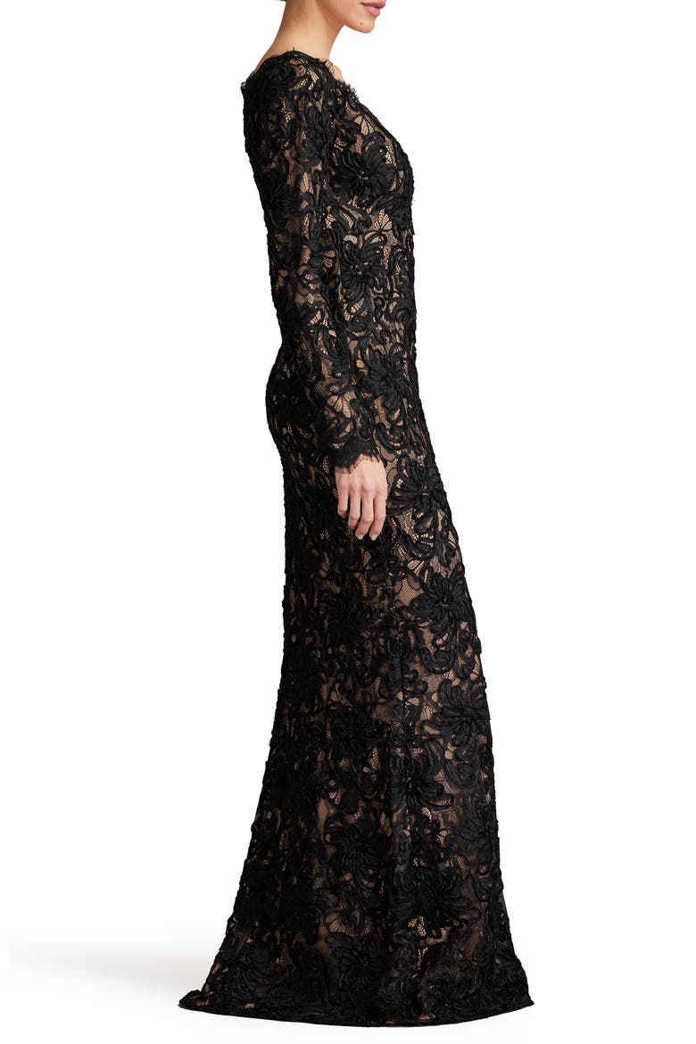 Lace Plunge Neck Long Sleeve Gown, Alternate, color, BLACK/ NUDE