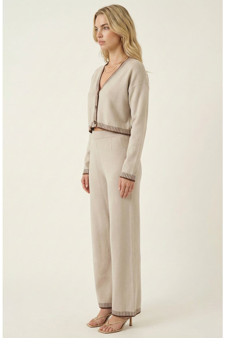 Contrast Trim Knit Cardigan Set, Alternate, color, Beige / Brown Trim