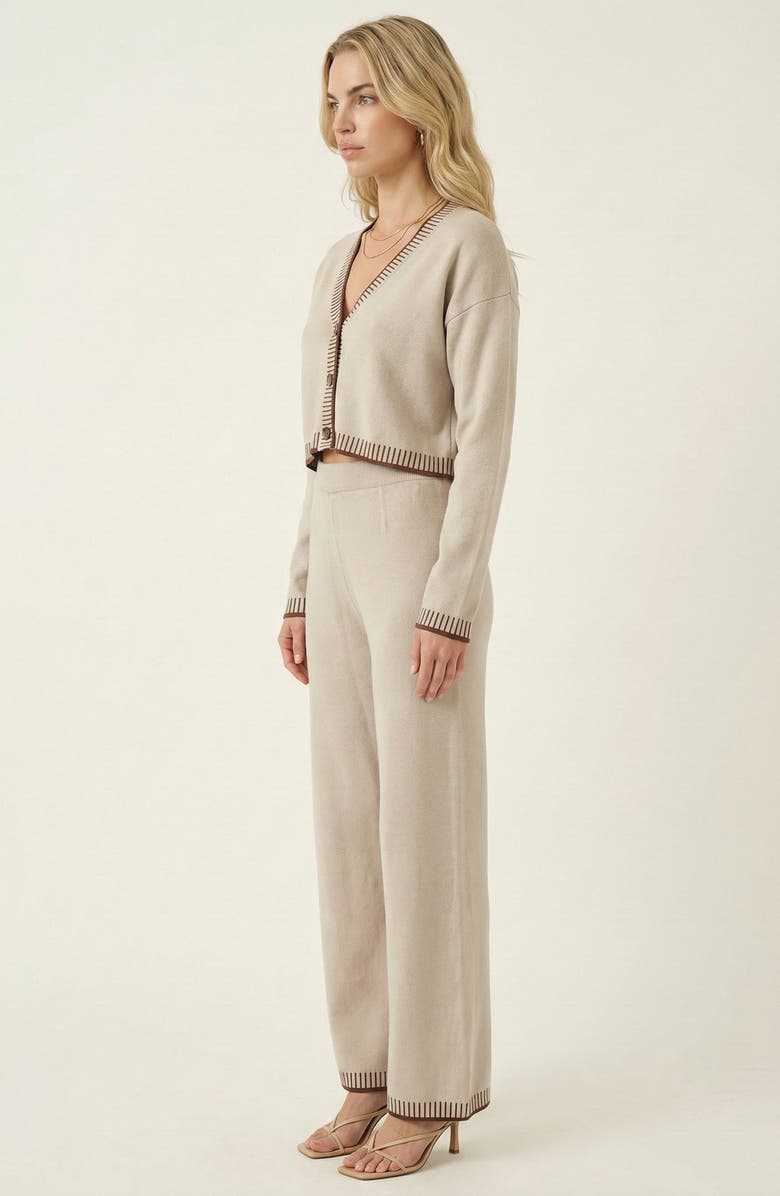 Modenaire Contrast Trim Knit Cardigan Set, Alternate, color, Beige / Brown Trim